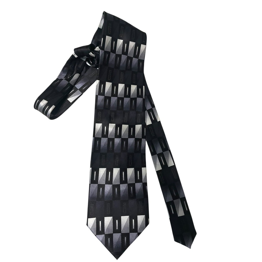 Kilborne & Finch 100% Silk Necktie Black‎ Gray Geometric Classic Mens Tie
